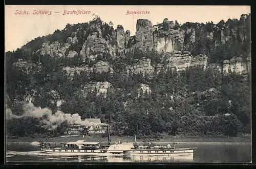 AK Dampfer Aussig auf der Elbe passiert den Basteifelsen