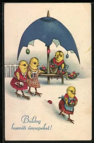 AK Osterküken kaufen Ostereier an einem Stand, Boldog husveli ünnepeket