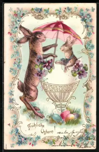 Lithographie Osterhasen mit Schirm und Veilchen, Fröhliche Ostern