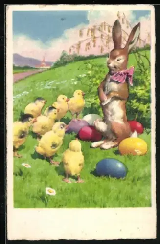 Künstler-AK Osterhase inmitten von kleinen Osterküken