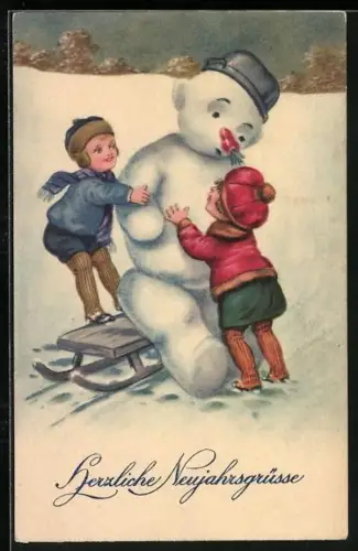 Künstler-AK Zwei Kinder mit einem Schneemann auf einem Schlitten, Neujahr