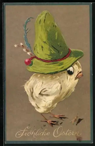 AK Osterküken mit riesigem Hut, Fröhliche Ostern