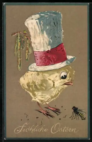 Künstler-AK Osterküken mit grossem Hut blickt auf ein Insekt, Fröhliche Ostern