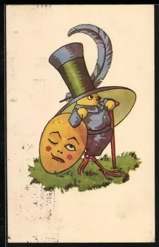 Künstler-AK Osterküken mit riesigem Hut lehnt an einem Ei mit Gesicht