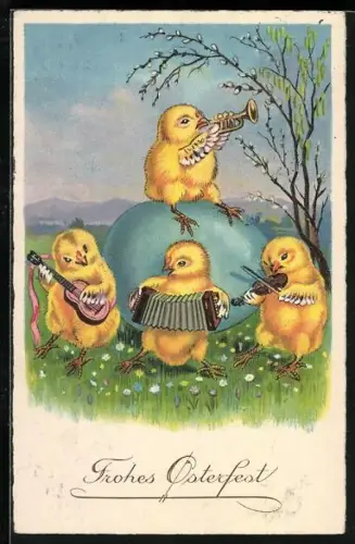 Künstler-AK Osterküken musizieren zusammen auf einer Wiese, Frohes Osterfest