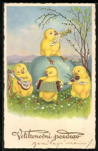 Künstler-AK Musizierende Osterküken auf einer Wiese, Velikonocni pozdrav