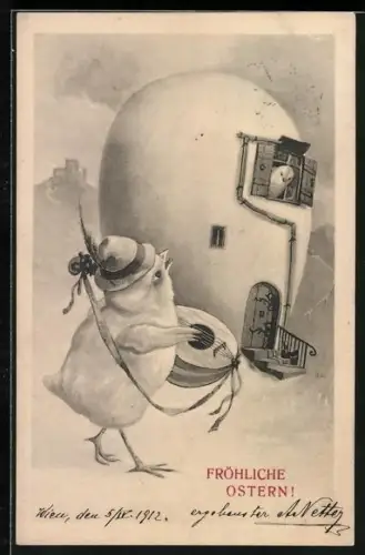 Künstler-AK Osterküken spielt Ständchen am Eier-Haus, Fröhliche Ostern