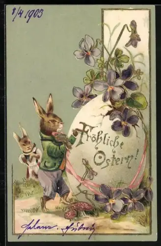Lithographie Osterhase verziert ein Osterei, Fröhliche Ostern