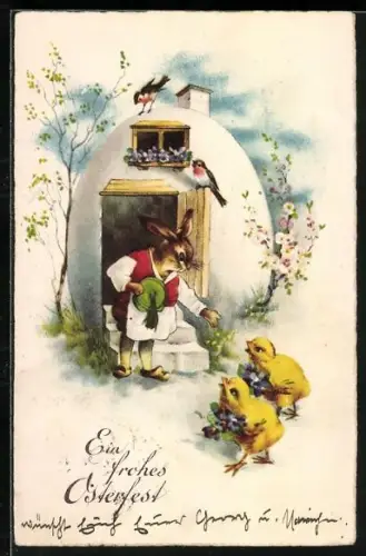 Künstler-AK Osterküken bringen einem Osterhasen Veilchen an die Haustür, Ein frohes Osterfest