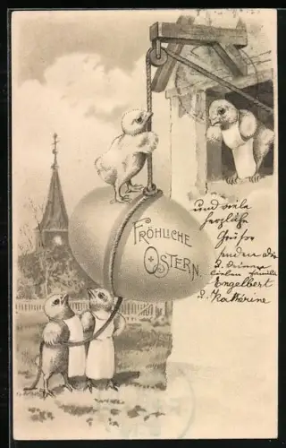 Lithographie Osterküken ziehen ein Osterei mit einem Seilzug hinauf, Fröhliche Ostern