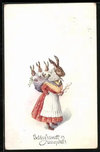 Künstler-AK Osterhasen-Frau trägt ihre drei Kinder auf dem Rücken