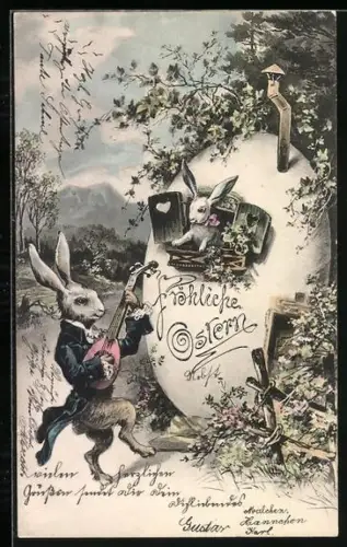 Lithographie Osterhase musiziert vor einem Eier-Haus, Fröhliche Ostern