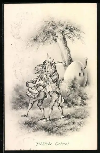 Künstler-AK Zwei Osterhasen laufen musizierend durch die Landschaft, Fröhliche Ostern