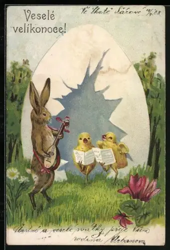 Lithographie Osterhase begleitet singende Osterküken mit Laute, Veselé velíkonoce