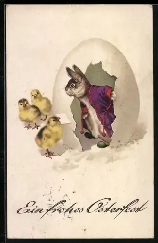 Künstler-AK Osterküken bringen einem Osterhasen einen Brief, Ein frohes Osterfest