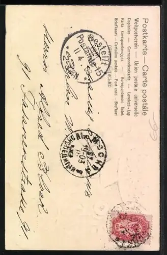 Lithographie Osterküken mit Schirm und Haube sitzt in einer Kutsche