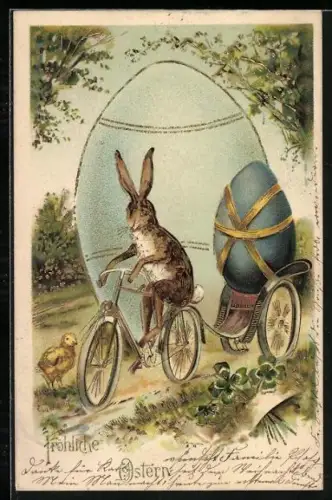 Lithographie Osterhase transportiert ein Osterei mit seinem Fahrrad, Fröhliche Ostern