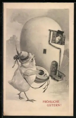 Künstler-AK Osterküken spielt Ständchen am Eier-Haus