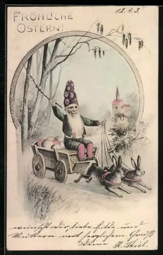 Lithographie Zwerg fährt eine Kutsche mit Osterhasen-Gespann, Fröhliche Ostern