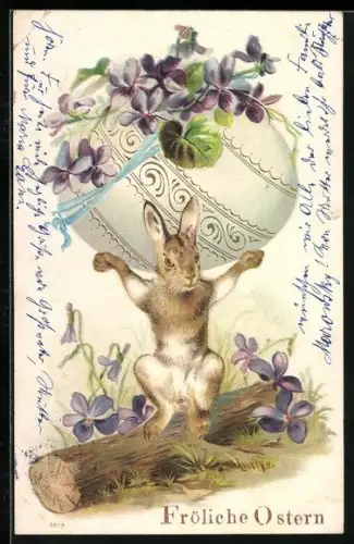 Lithographie Osterhase trägt blumengeschmücktes Osterei, Fröhliche Ostern