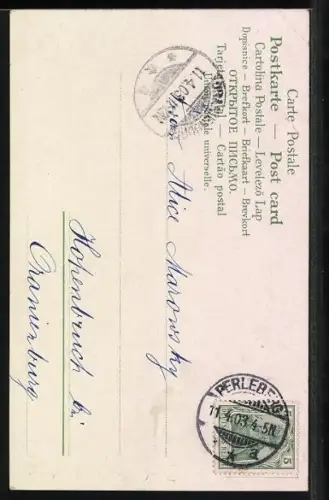 Lithographie Osterhase trägt blumengeschmücktes Osterei, Fröhliche Ostern