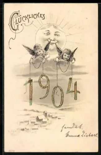 Lithographie Neujahrsengel halten die Jahreszahl 1904, Glückliches 1904