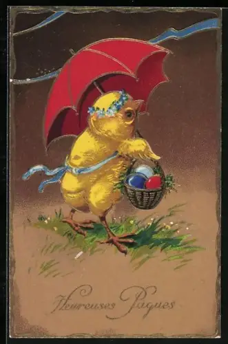 Künstler-AK Osterküken mit einem Schirm und Korb voller Ostereier, Heureuses Paques