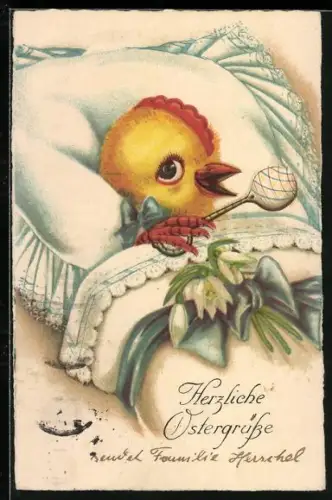 Künstler-AK Osterküken liegt in seinem Bettchen, Herzliche Ostergrüsse