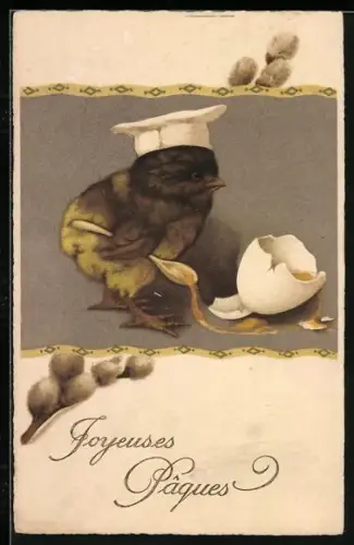 Künstler-AK Osterküken mit Kochmütze bei einem zerbrochenen Ei, Joyeuses Paques