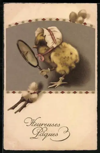 Künstler-AK Osterküken mit Haube schaut sich selbst im Spiegel an