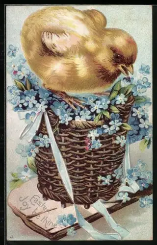Lithographie Osterküken auf einem Korb mit Vergissmeinnicht, Easter Joy be thine