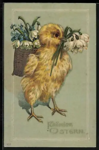 Künstler-AK Osterküken trägt Blumen im Schnabel und auf dem Rücken, Fröhliche Ostern