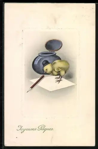 Künstler-AK Osterküken mit Hut steht auf einem Blatt Papier, Joyeuses Paques