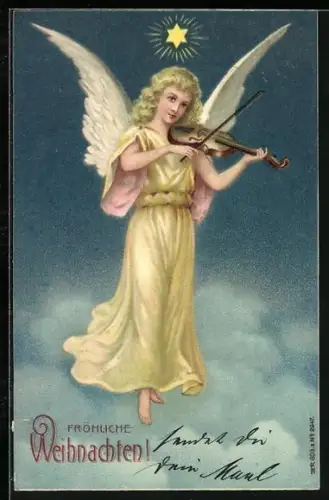 Lithographie Weihnachtsengel mit Geige im Himmel, Fröhliche Weihnachten