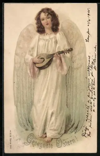 Lithographie Osterengel spielt auf einem Instrument, Gesegnete Ostern