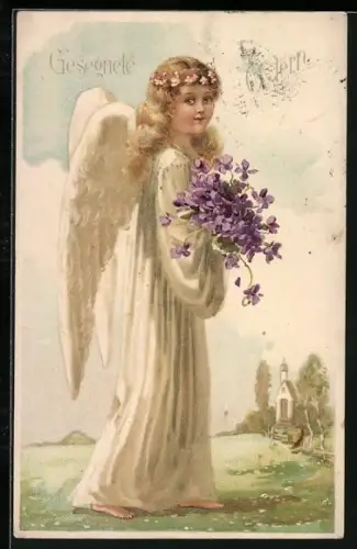 Künstler-AK Osterengel mit einem grossen Strauss Veilchen, Gesegnete Ostern