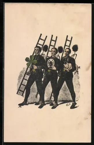 Lithographie Drei Schornsteinfeger mit Klee, Hufeisen und Schwein
