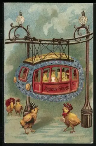 Präge-AK Osterküken stehen neben einer Gondel, Joyeuses Paques