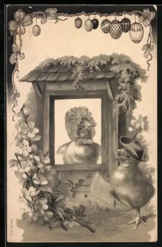 Lithographie Herr Osterküken singt mit Liedblatt vor dem Fenster