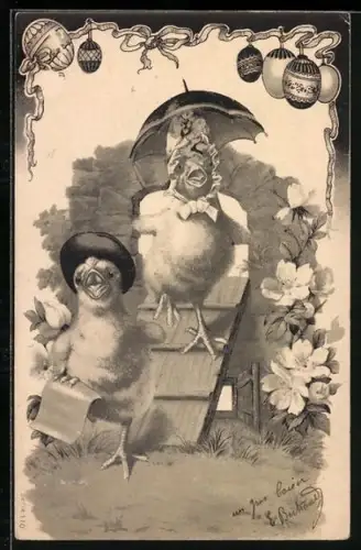 Lithographie Zwei Osterküken singen zusammen