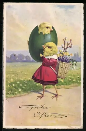 Künstler-AK Osterküken trägt ein Osterei mit Küken auf der Schulter, Frohe Ostern