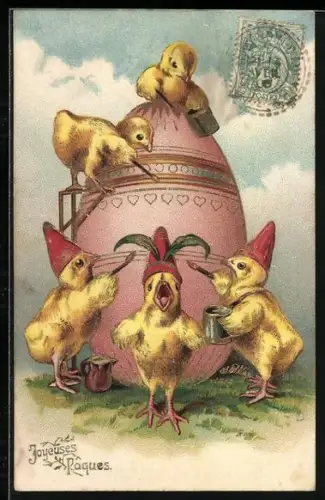 Künstler-AK Osterküken bemalen ein Osterei, Joyeuses Paques
