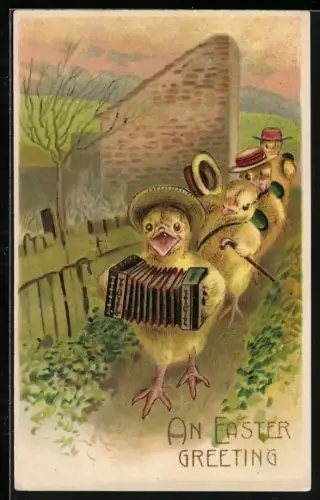 Künstler-AK Osterküken laufen musizierend am Feld entlang, An Easter Greeting