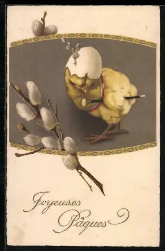 Künstler-AK Osterküken mit einer Eierschale auf dem Kopf, Joyeuses Paques