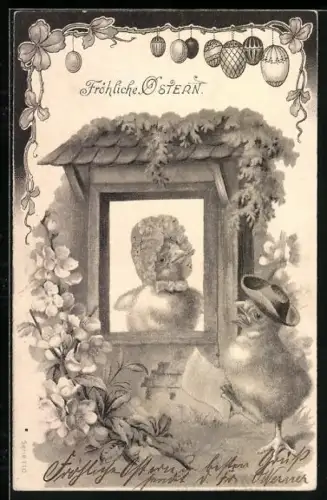 Lithographie Osterküken singt vor einem Fenster, Fröhliche Ostern