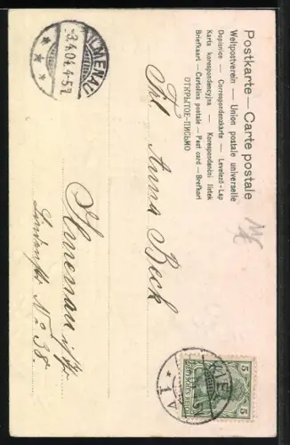 Lithographie Osterküken singt vor einem Fenster, Fröhliche Ostern