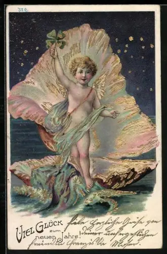 Lithographie Kleiner Neujahrsengel mit Kleeblatt steigt aus Muschel, Viel Glück im neuen Jahre