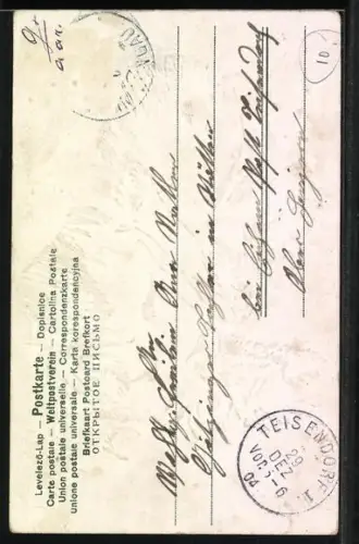 Lithographie Kleiner Neujahrsengel mit Kleeblatt steigt aus Muschel, Viel Glück im neuen Jahre