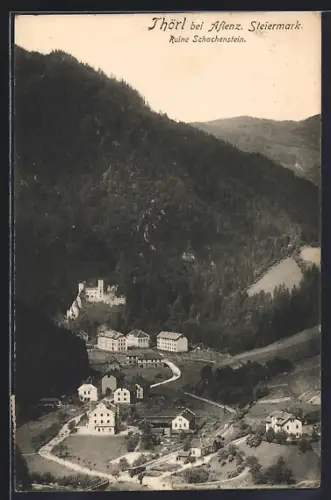 AK Thörl bei Aflenz, Ortsansicht mit Ruine Schachenstein aus der Vogelschau