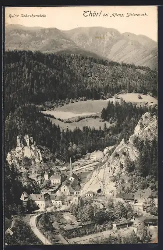 AK Thörl bei Aflenz, Ortsansicht mit Ruine Schachenstein